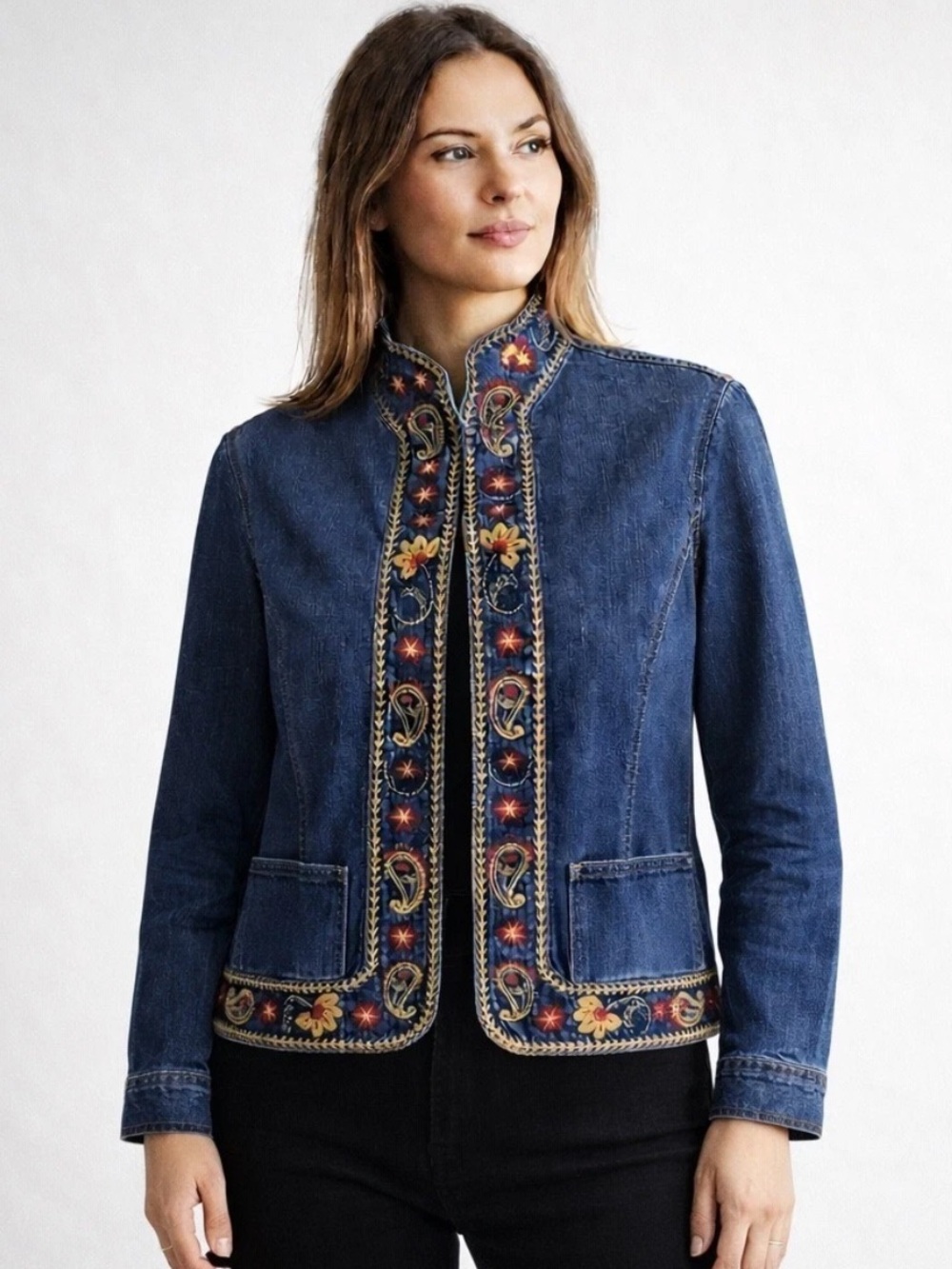 Alfred Dunner Floral Paisley Embroidered Jean Jacket Size 16